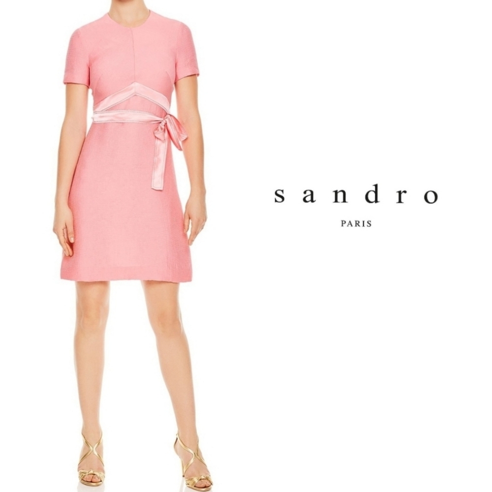Sandro Paris Isaure Silk Sash A Line Mini Short Sleeve Dress Pink Size EU 36.